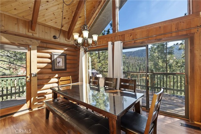 dining room featuring high vaulted ceiling, wooden ceiling, hardwood / wood-style flooring, a notable chandelier, and beamed ceiling