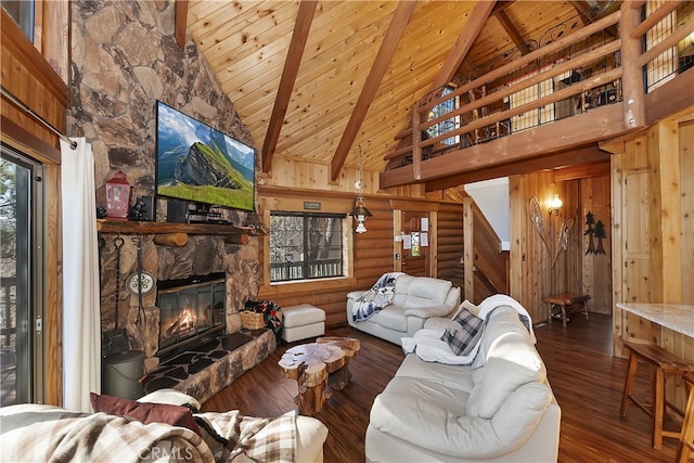 living room featuring a stone fireplace, high vaulted ceiling, wooden ceiling, dark hardwood / wood-style flooring, and beam ceiling