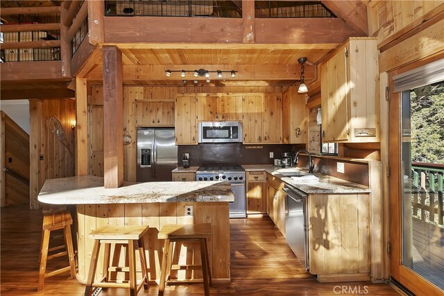 kitchen featuring stainless steel appliances, decorative light fixtures, a breakfast bar, and sink