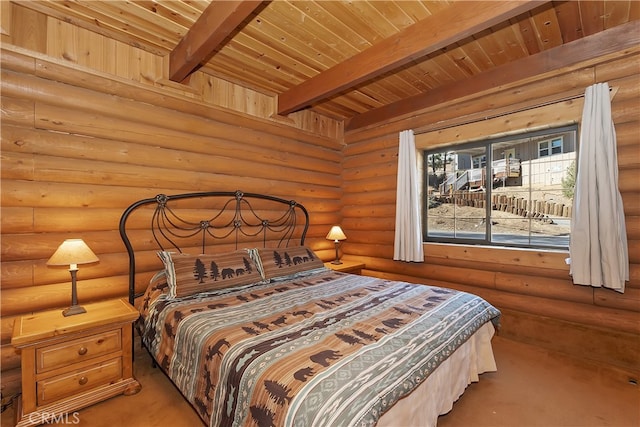 carpeted bedroom featuring beamed ceiling, wooden ceiling, and log walls