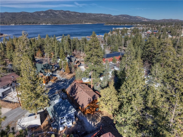 bird's eye view featuring a water and mountain view