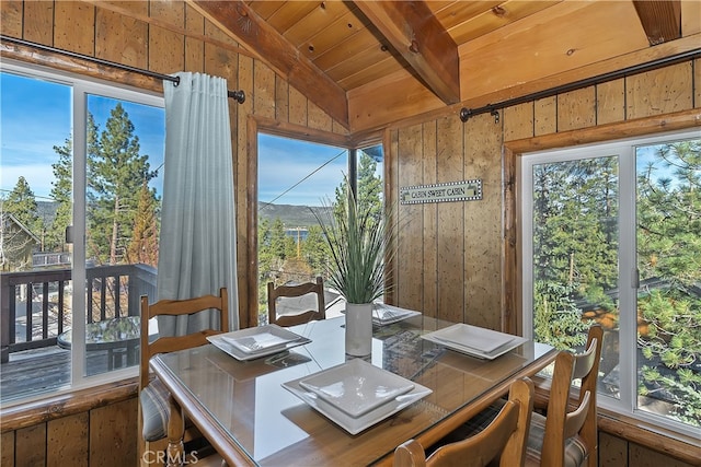 sunroom with vaulted ceiling with beams and wooden ceiling