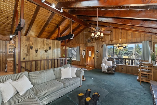 living room featuring a wealth of natural light and wood walls