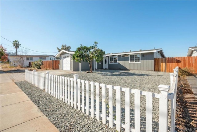 single story home featuring a fenced front yard