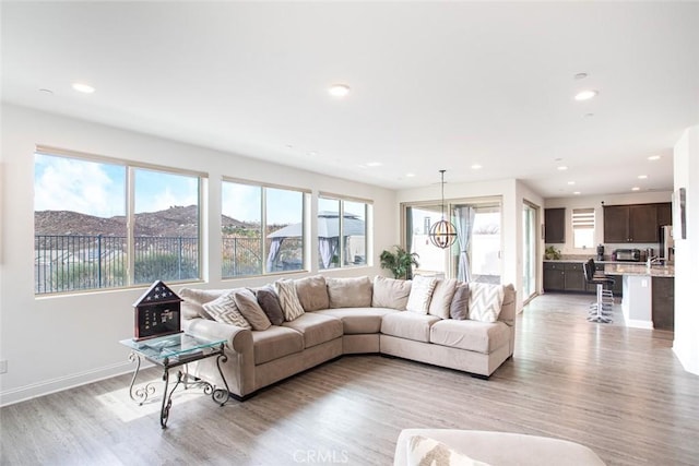 living room with a mountain view and light hardwood / wood-style flooring