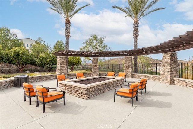 view of patio featuring cooling unit, an outdoor fire pit, and a pergola