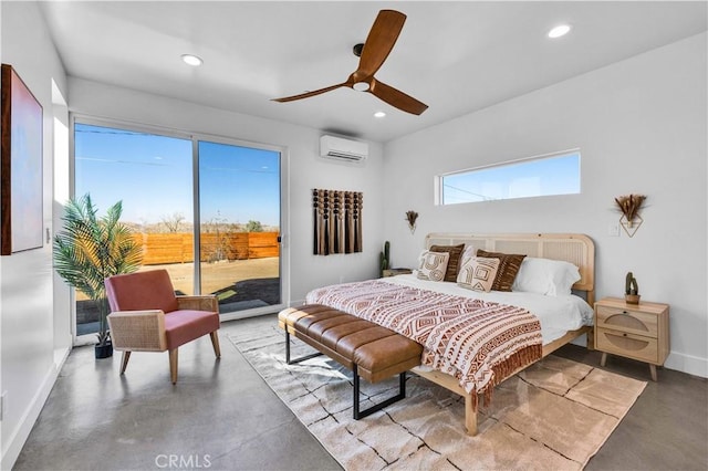 bedroom with a wall mounted air conditioner, ceiling fan, and access to exterior