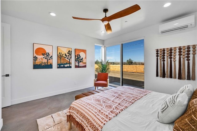 bedroom featuring ceiling fan, access to exterior, and a wall mounted AC