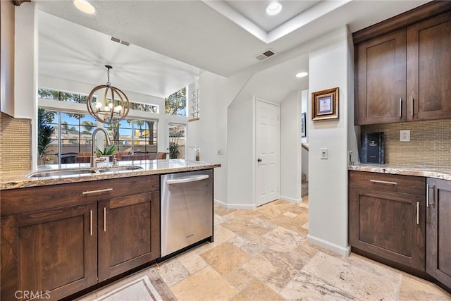 230 Shorebreaker Dr, Laguna Niguel, CA 92677 - kitchen featuring sink, dark brown cabinets, stainless steel dishwasher, light stone countertops, and backsplash