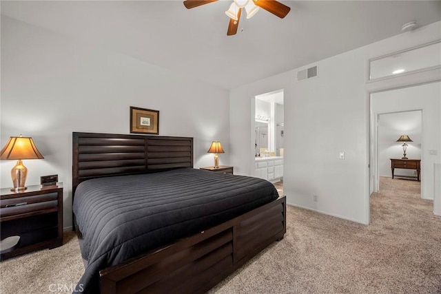 230 Shorebreaker Dr, Laguna Niguel, CA 92677 - bedroom with connected bathroom, light colored carpet, and ceiling fan