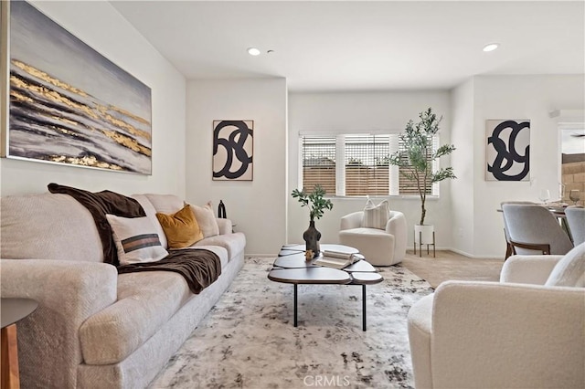 living room with light colored carpet