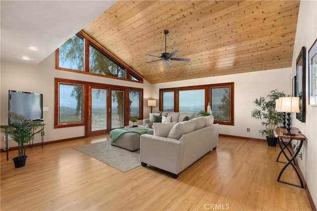 living room with ceiling fan, light hardwood / wood-style flooring, high vaulted ceiling, and wooden ceiling