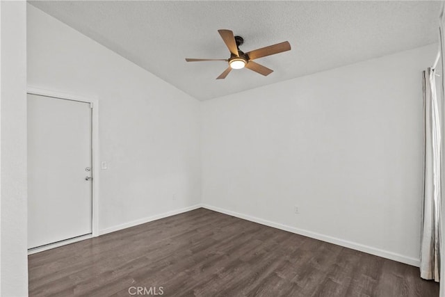 unfurnished room with dark wood-type flooring, ceiling fan, and a textured ceiling