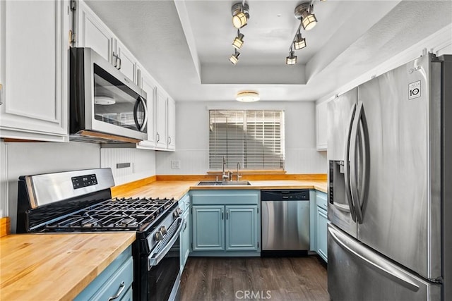 kitchen featuring sink, wooden counters, a raised ceiling, and appliances with stainless steel finishes