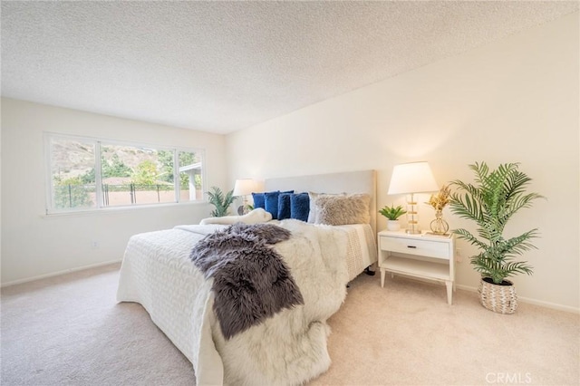 carpeted bedroom with a textured ceiling