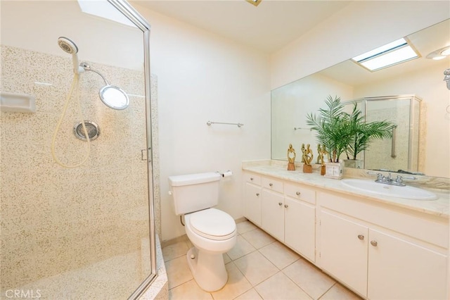 bathroom with tile patterned flooring, vanity, toilet, and walk in shower