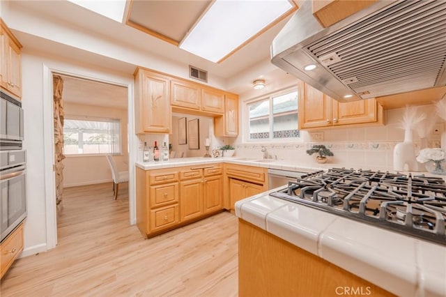 kitchen with light brown cabinetry, appliances with stainless steel finishes, and island range hood