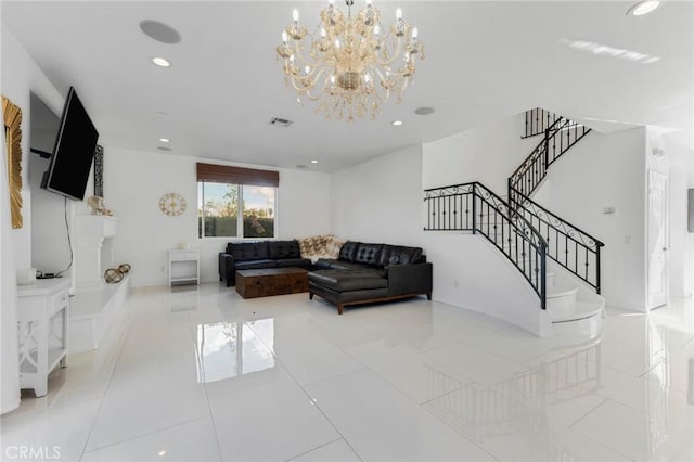 living room with recessed lighting, light tile patterned flooring, visible vents, and stairs