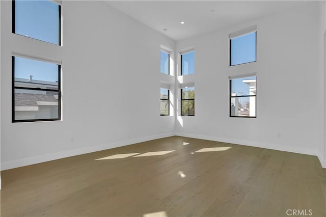 spare room featuring wood-type flooring and a high ceiling