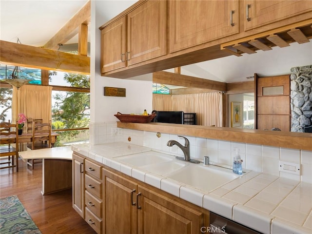 kitchen featuring tasteful backsplash, sink, dark wood-type flooring, and tile counters