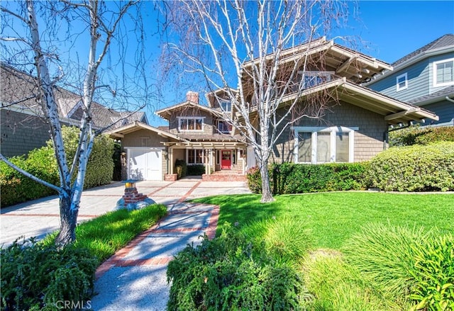 craftsman-style home featuring an attached garage, driveway, and a front lawn