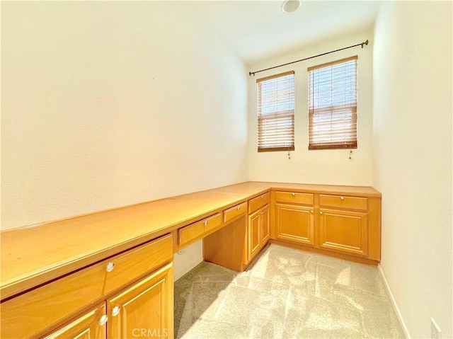 unfurnished office featuring built in desk and light colored carpet