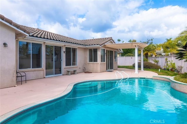 view of pool featuring a fenced in pool, a patio, a pergola, and fence