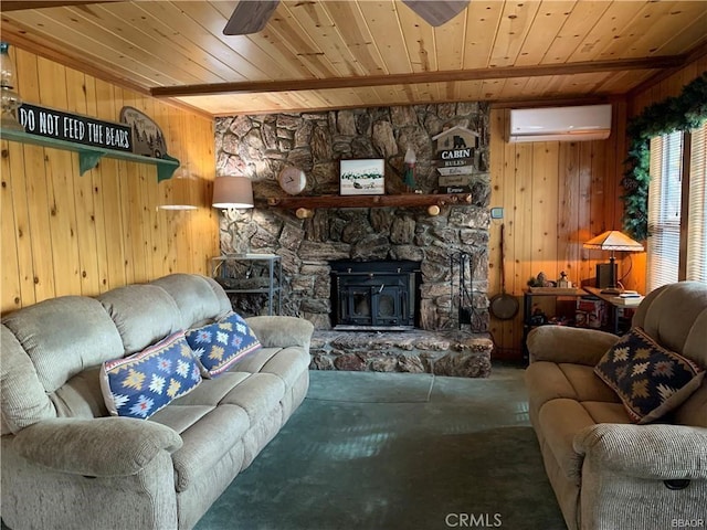 living room featuring wood walls, wood ceiling, a wall mounted AC, ceiling fan, and beam ceiling