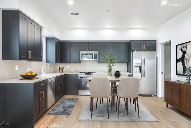 kitchen featuring sink, backsplash, light hardwood / wood-style flooring, and appliances with stainless steel finishes