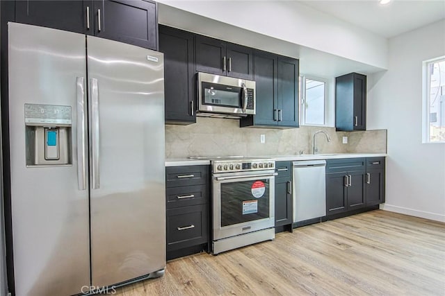 kitchen with sink, decorative backsplash, light wood-type flooring, and appliances with stainless steel finishes