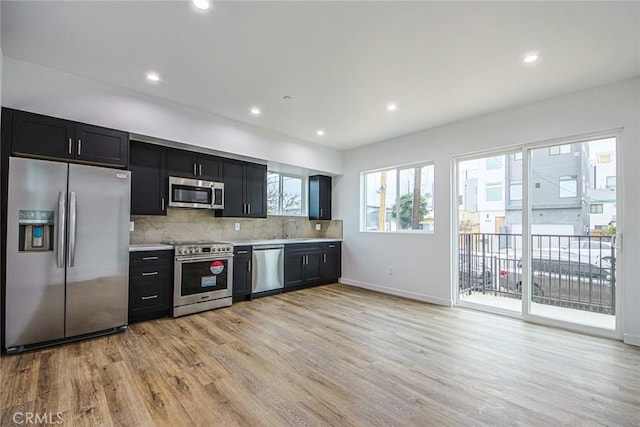 kitchen with sink, backsplash, light hardwood / wood-style floors, and appliances with stainless steel finishes