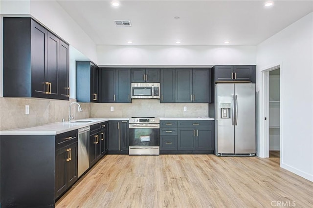 kitchen with tasteful backsplash, sink, light hardwood / wood-style floors, and appliances with stainless steel finishes