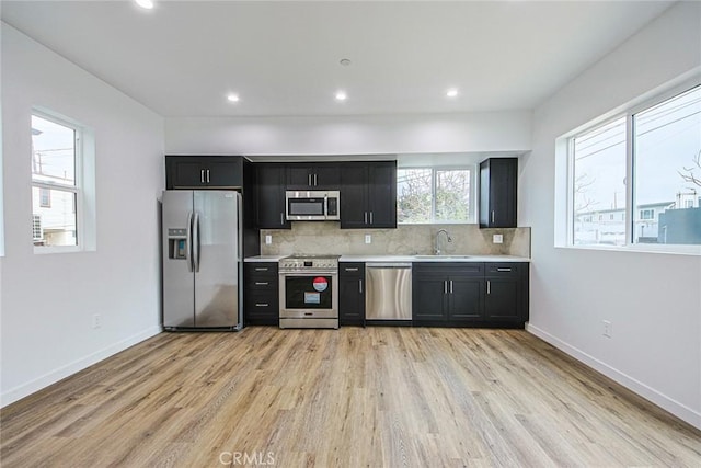 kitchen featuring backsplash, light wood-type flooring, sink, and appliances with stainless steel finishes