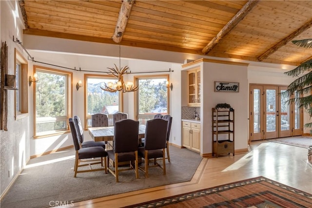 42848 Eagle Flight Pl, Big Bear Lake, CA 92315 - dining room featuring an inviting chandelier, light wood-type flooring, lofted ceiling with beams, and wooden ceiling