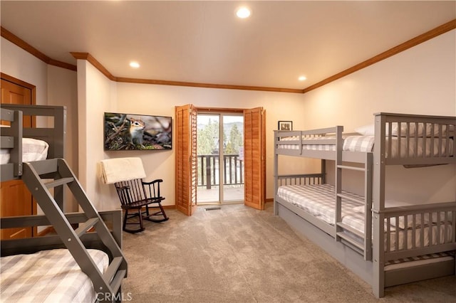 42848 Eagle Flight Pl, Big Bear Lake, CA 92315 - bedroom with crown molding, carpet flooring, and access to exterior