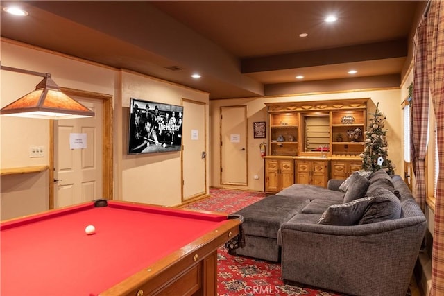 42848 Eagle Flight Pl, Big Bear Lake, CA 92315 - rec room with pool table and beam ceiling