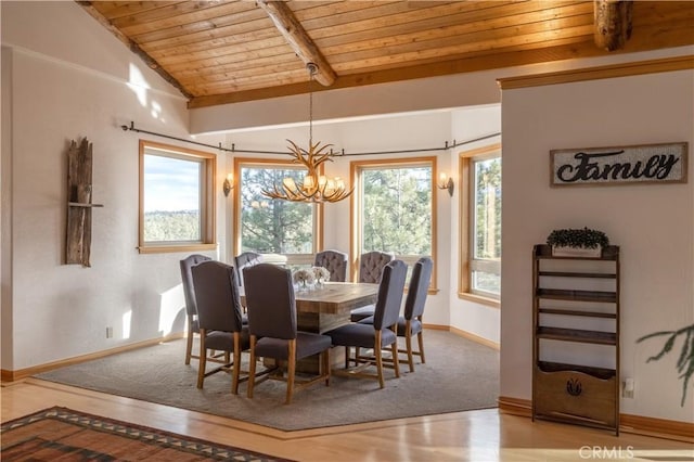 42848 Eagle Flight Pl, Big Bear Lake, CA 92315 - dining room featuring vaulted ceiling with beams, a notable chandelier, wooden ceiling, and light wood-type flooring