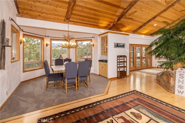42848 Eagle Flight Pl, Big Bear Lake, CA 92315 - dining room with light hardwood / wood-style flooring, vaulted ceiling with beams, wooden ceiling, french doors, and a chandelier