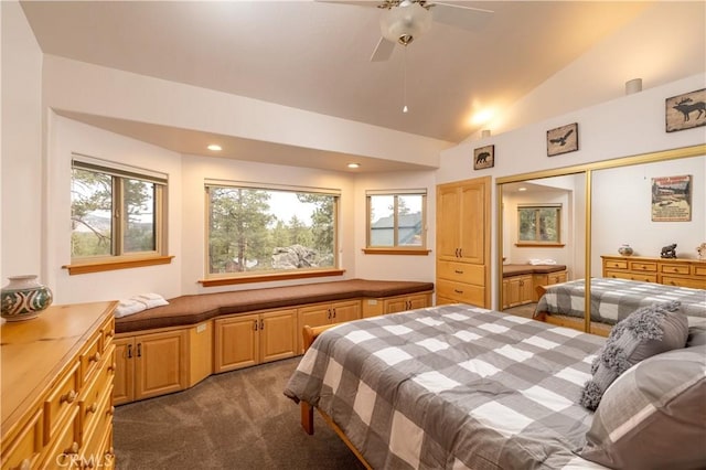 42848 Eagle Flight Pl, Big Bear Lake, CA 92315 - carpeted bedroom featuring ceiling fan, lofted ceiling, a closet, and multiple windows