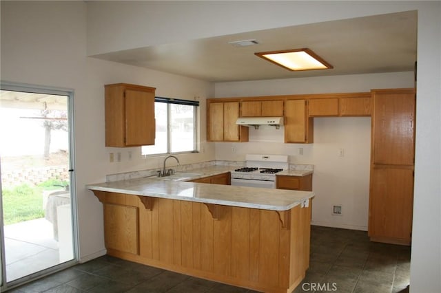 kitchen featuring sink, kitchen peninsula, and white gas range oven