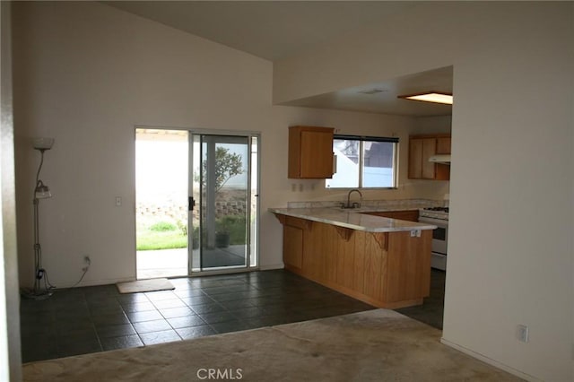 kitchen with extractor fan, stainless steel range with gas cooktop, sink, a kitchen breakfast bar, and kitchen peninsula