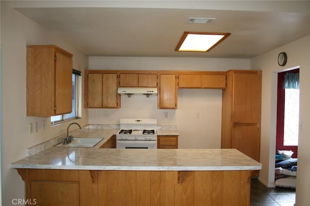 kitchen with white range with gas cooktop, kitchen peninsula, and sink