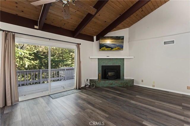 unfurnished living room featuring visible vents, lofted ceiling with beams, a ceiling fan, wood finished floors, and baseboards