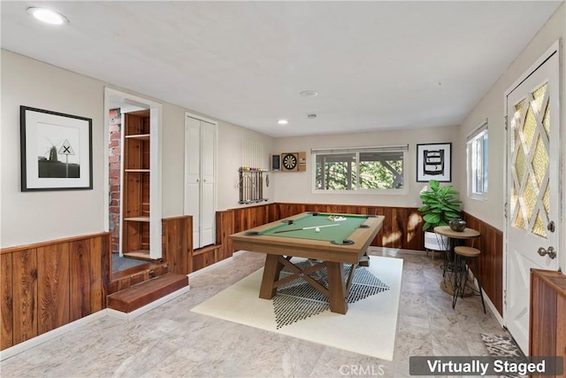 playroom with recessed lighting, a wainscoted wall, wood walls, and billiards