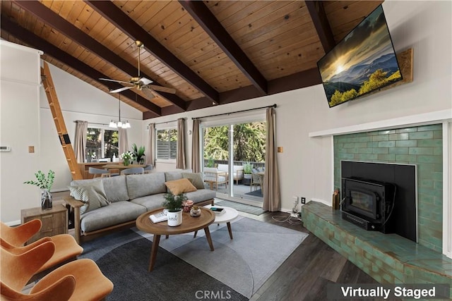 living room featuring lofted ceiling with beams, a healthy amount of sunlight, wooden ceiling, and dark wood-type flooring