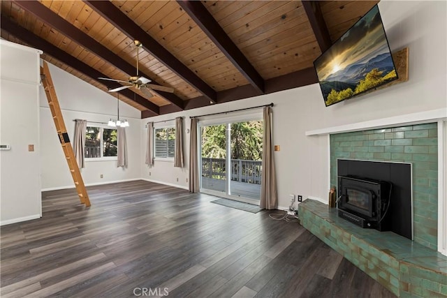 unfurnished living room featuring dark wood-style floors, a wealth of natural light, wooden ceiling, and lofted ceiling with beams