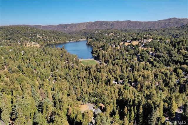 bird's eye view with a wooded view and a water and mountain view