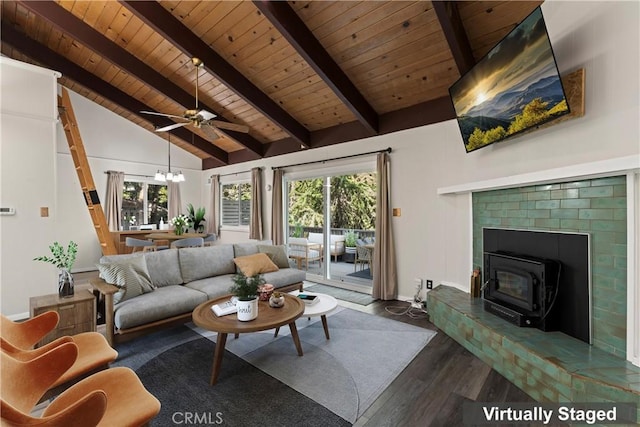 living room with lofted ceiling with beams, a healthy amount of sunlight, wood ceiling, and dark wood finished floors