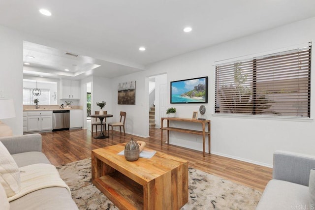 living room featuring a raised ceiling, light hardwood / wood-style flooring, and sink