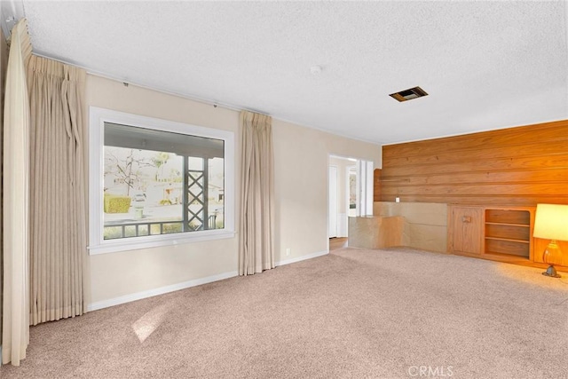 empty room featuring wooden walls, a textured ceiling, and carpet